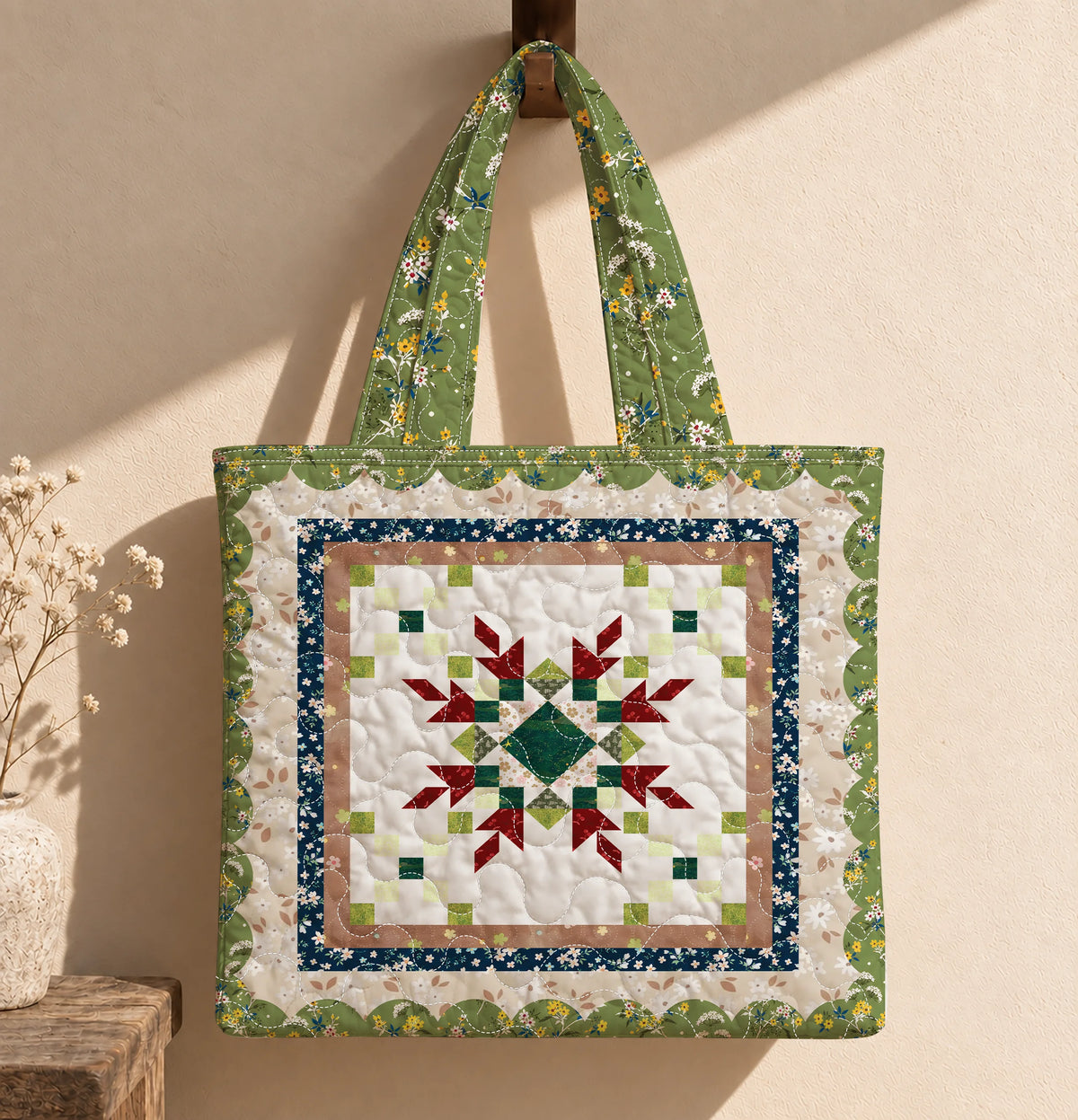 Sage Blossom Quilted Tote Bag