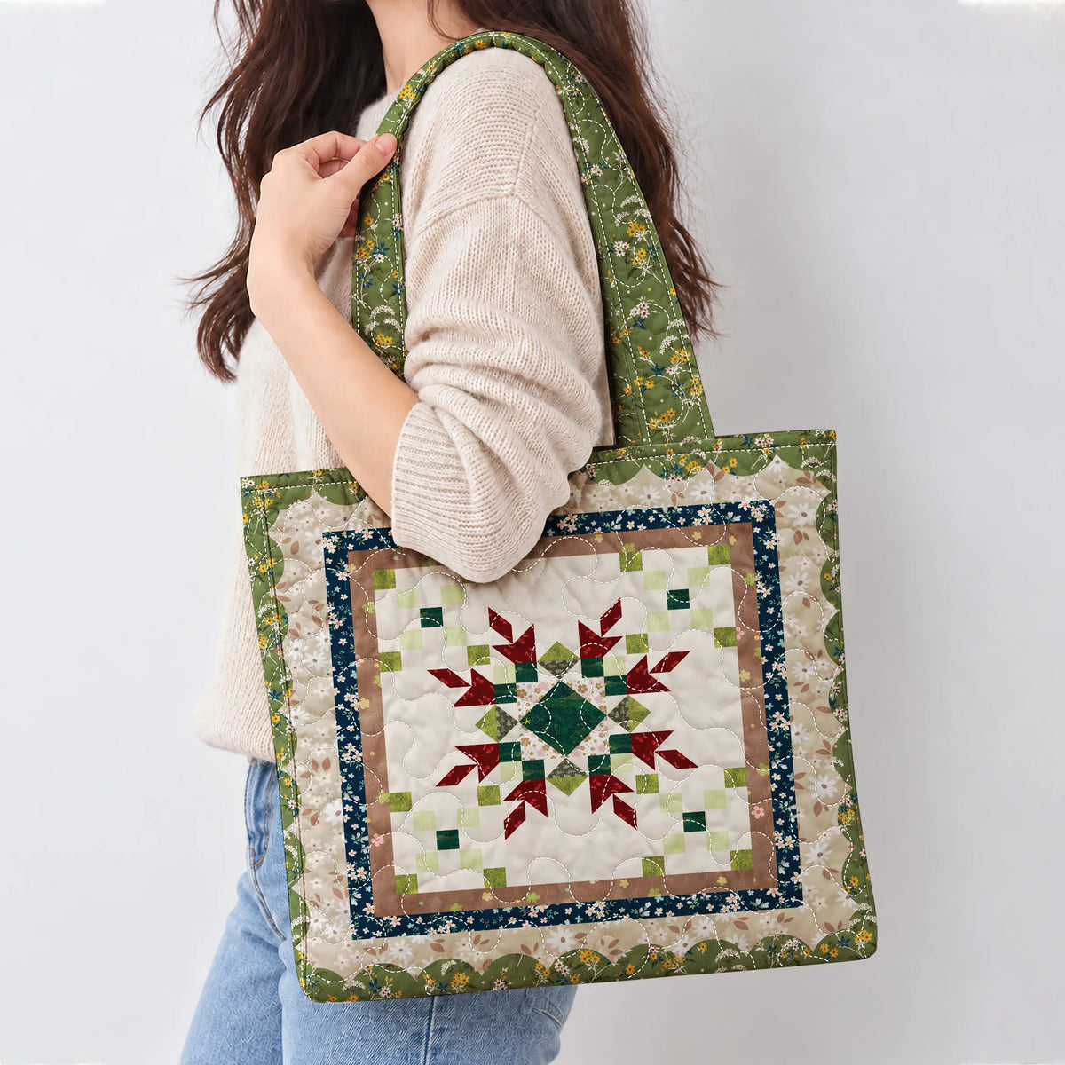 Sage Blossom Quilted Tote Bag