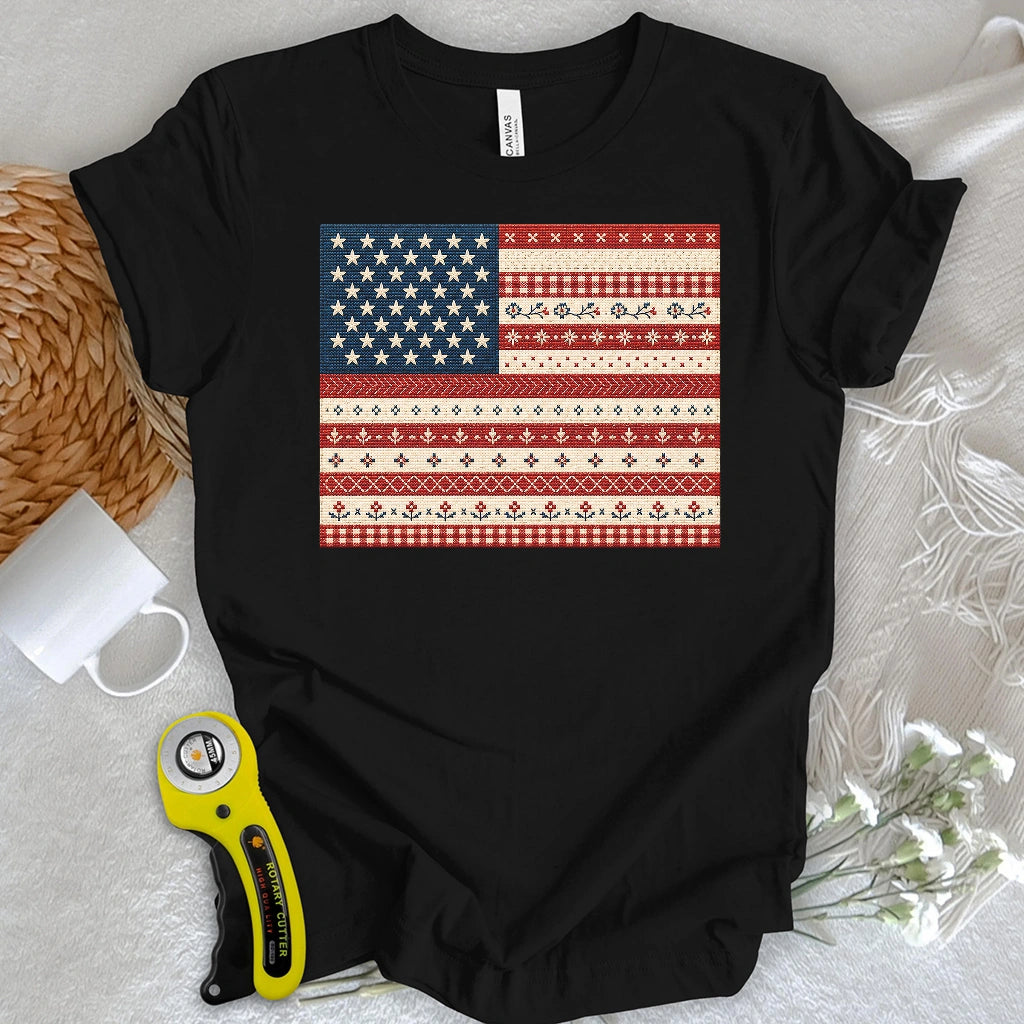 American Flag Cross-Stitch Sampler T-shirt