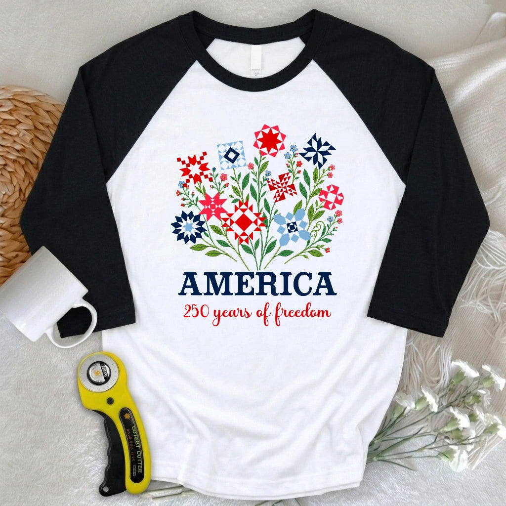 Americana Quilt Blooms 3/4 Sleeve T-shirt