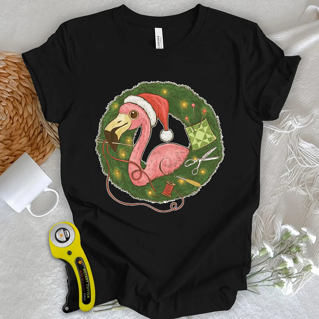 Flamingo's Quiltmas Wreath T-shirt