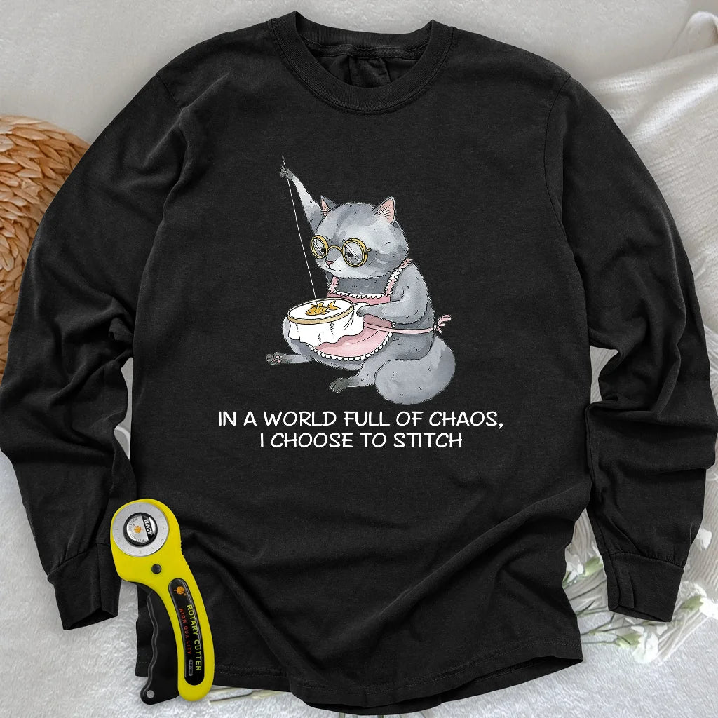 Langarm-T-Shirt "Oma Katze Näherin"