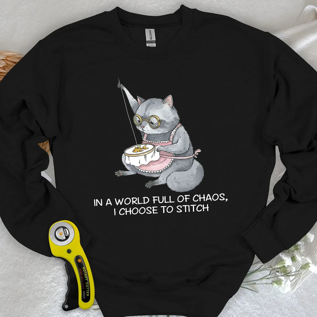 Sweat-shirt de grand-mère couturière chat