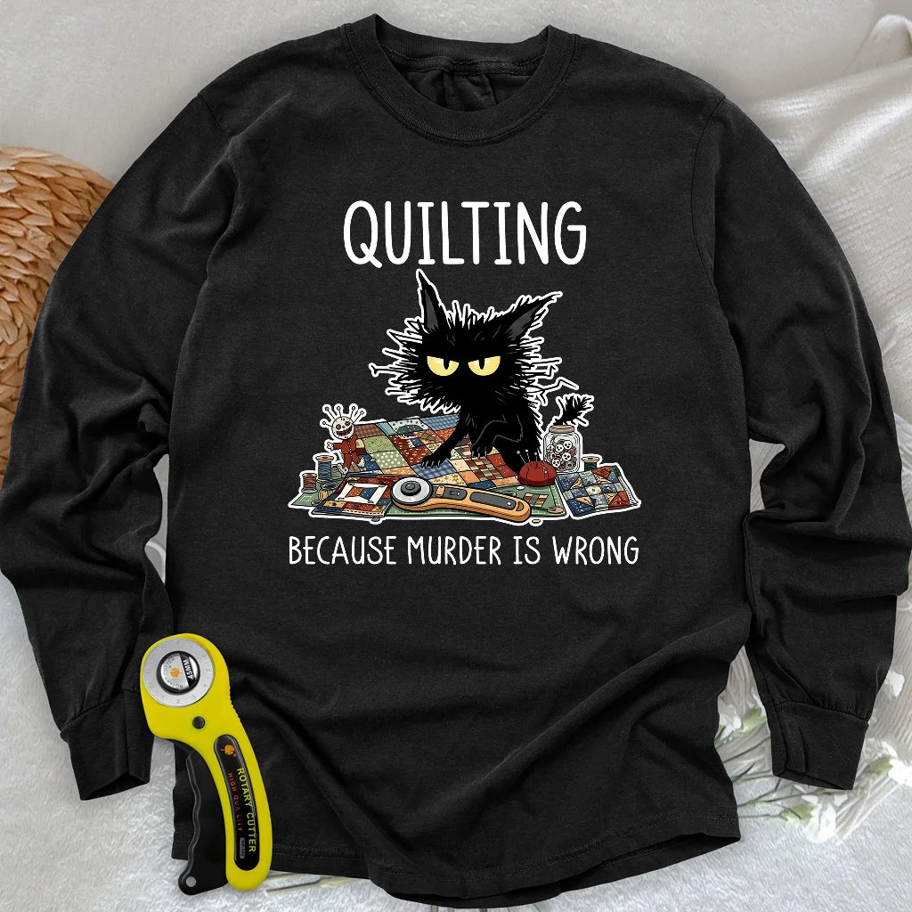Mürrische Quilter-Katze Langarm-T-Shirt