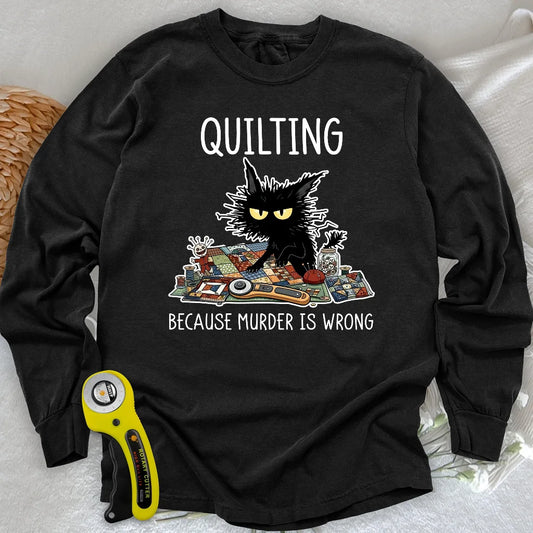 Mürrische Quilter-Katze Langarm-T-Shirt