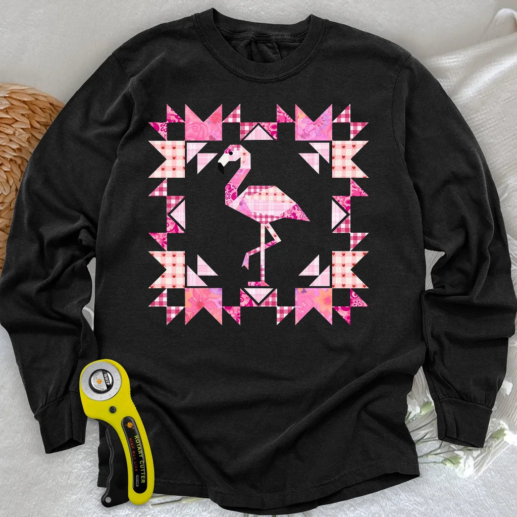 Patchwork-Flamingo-Panel-Langarmshirt