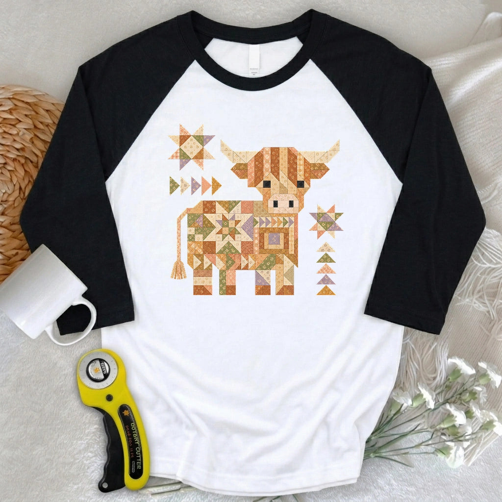 Patchwork Highland Cow 3/4 Sleeve T-shirt