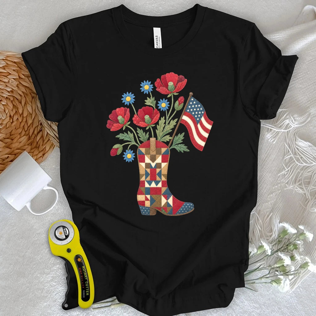 Patriotic Cowboy Boot Floral Appliqué T-shirt