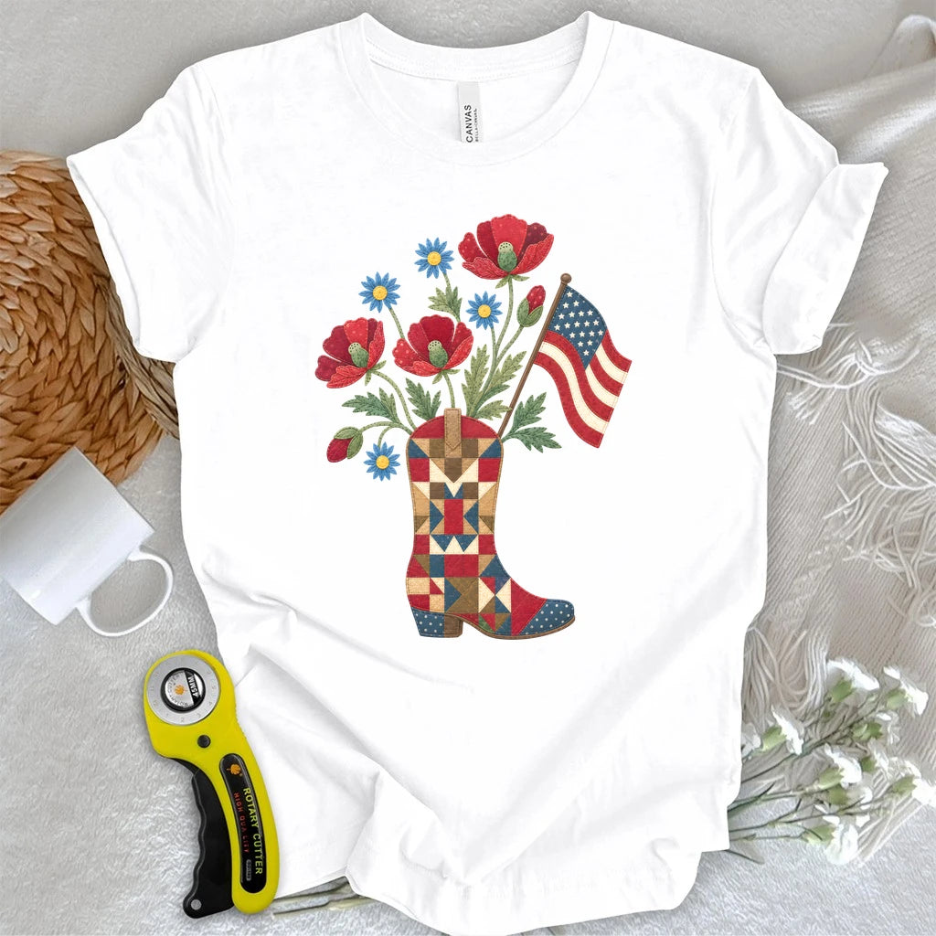 Patriotic Cowboy Boot Floral Appliqué T-shirt