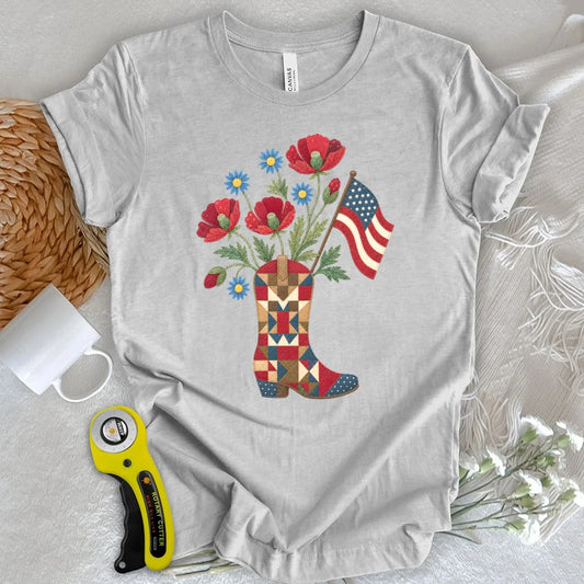 Patriotic Cowboy Boot Floral Appliqué T-shirt