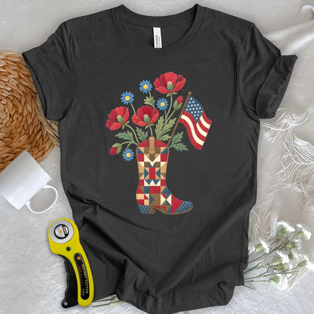 Patriotic Cowboy Boot Floral Appliqué T-shirt