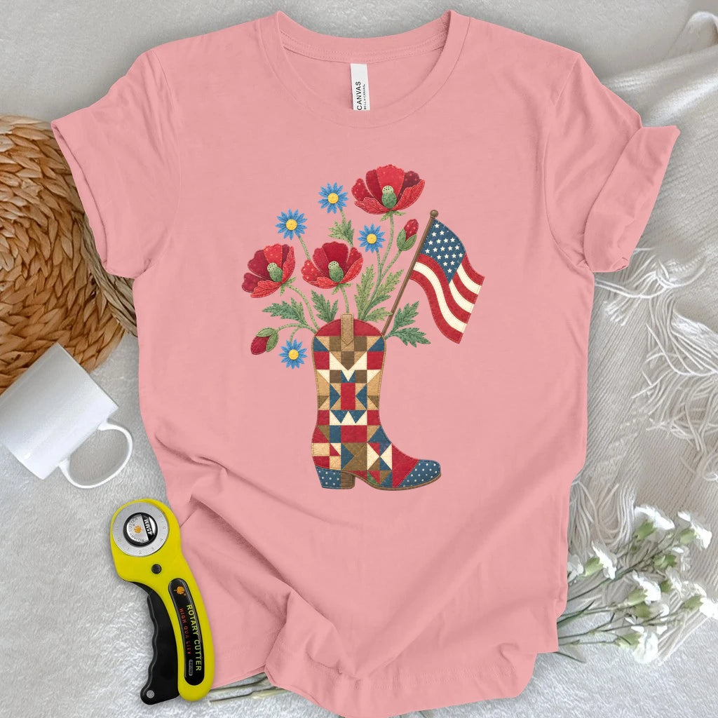 Patriotic Cowboy Boot Floral Appliqué T-shirt