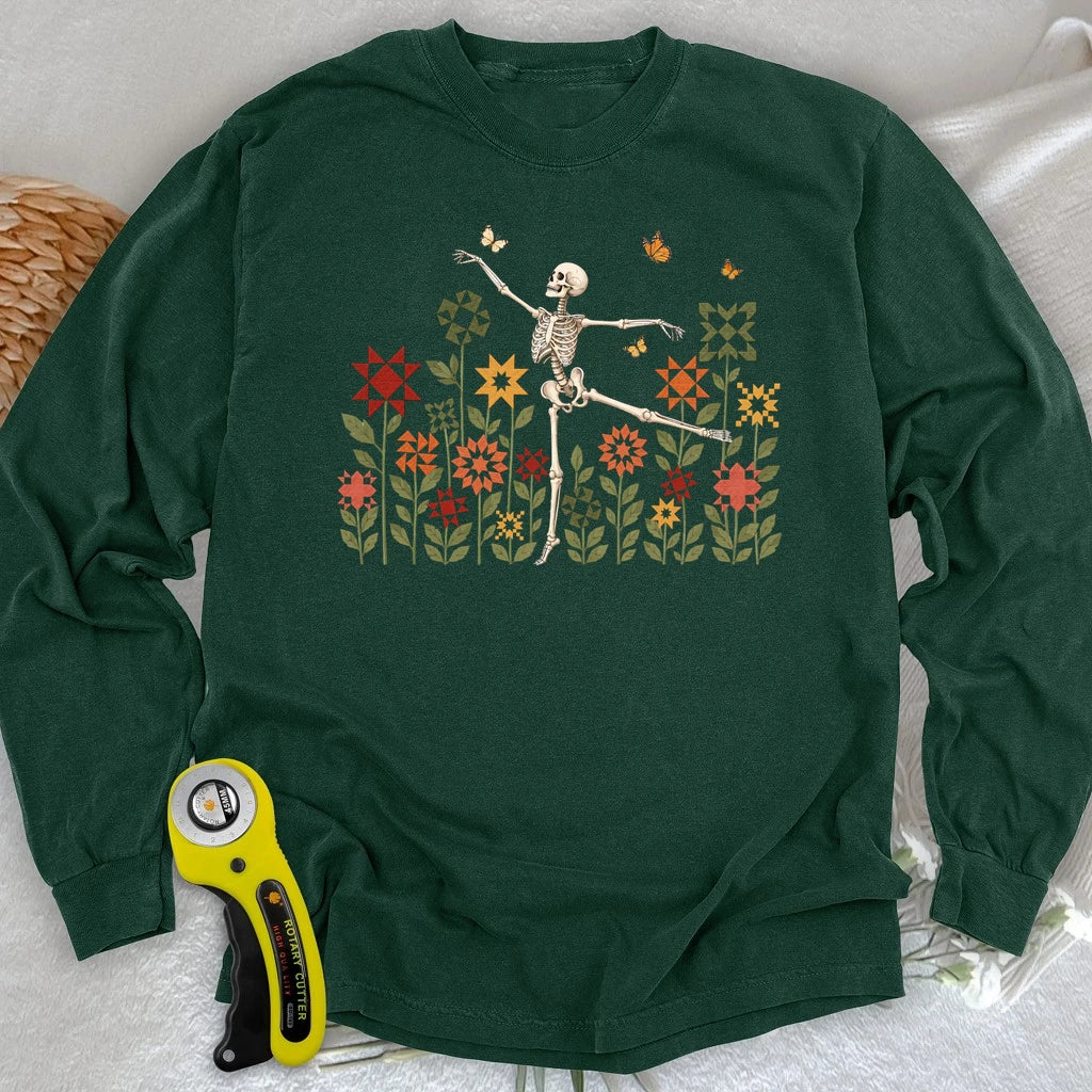 Dancing Skeleton Quilt Garden Long Sleeve T-shirt