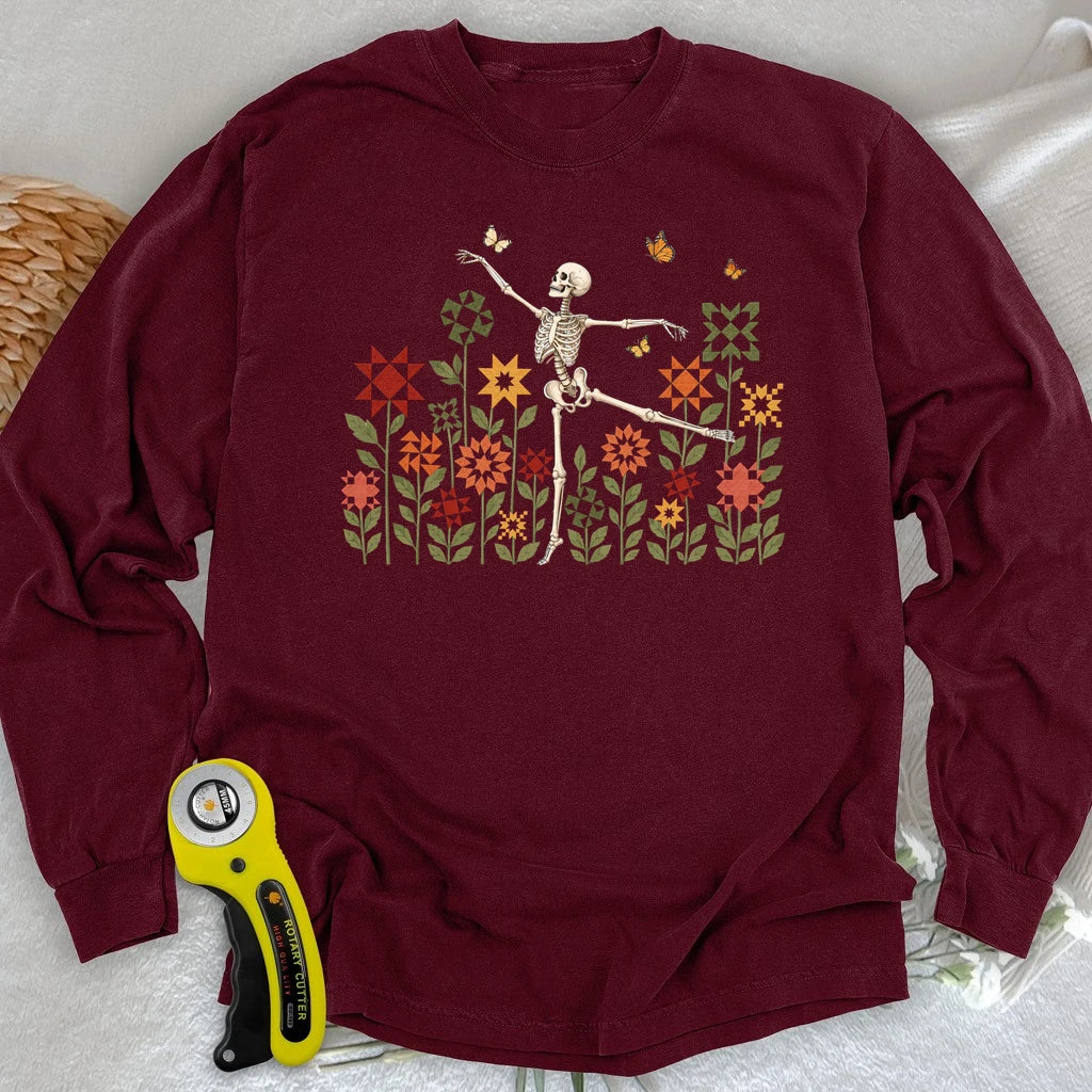 Dancing Skeleton Quilt Garden Long Sleeve T-shirt