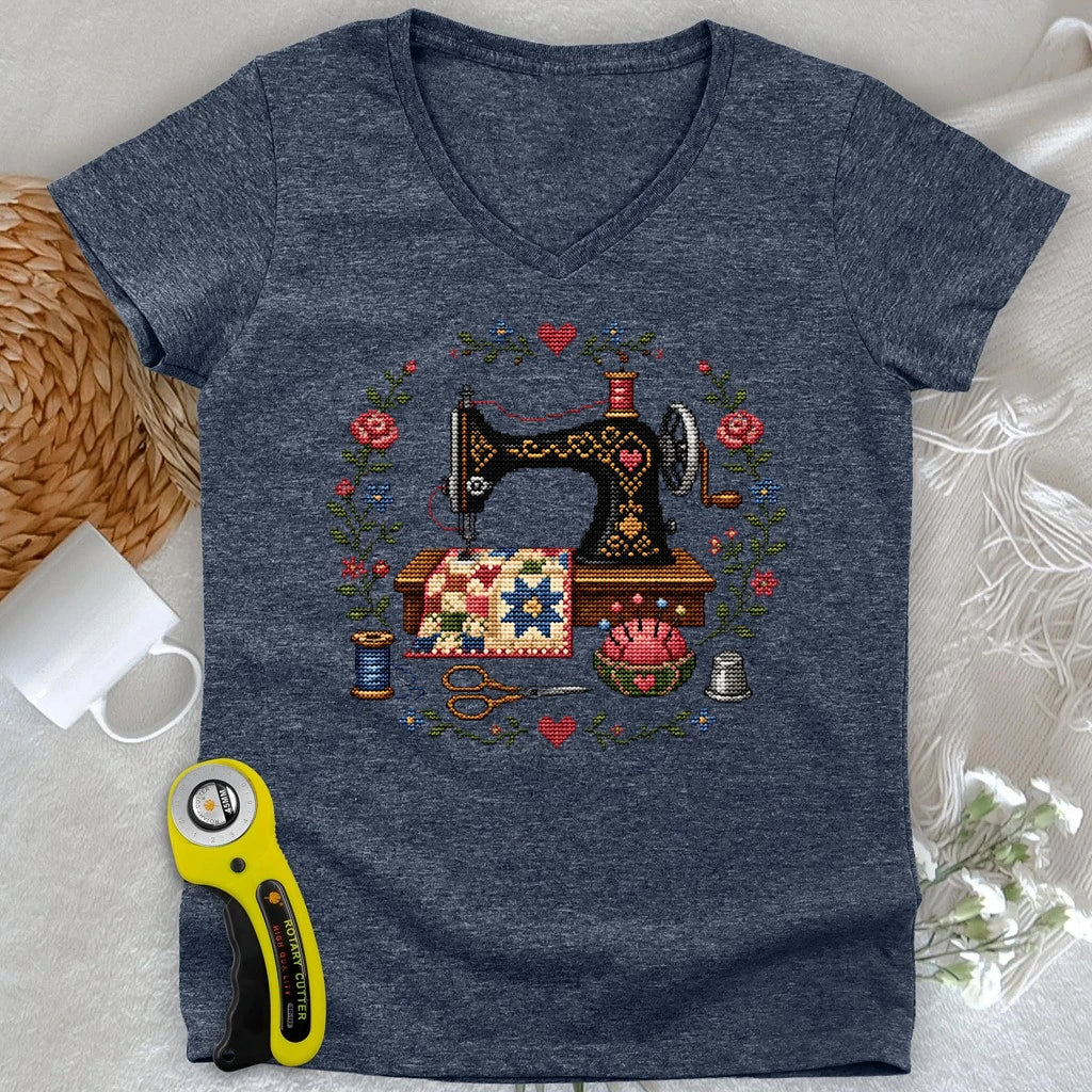 Cross-Stitched Sewing Machine Lady V-neck