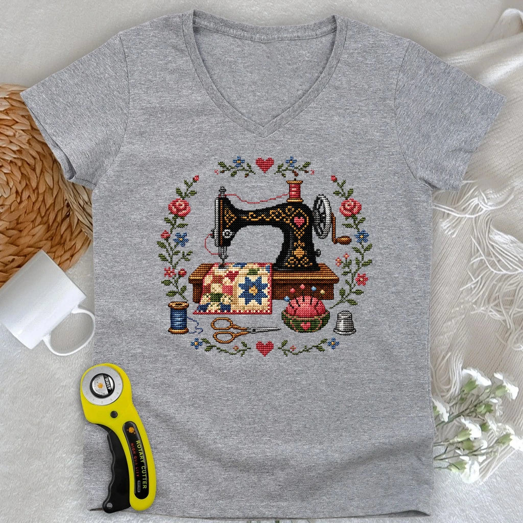 Cross-Stitched Sewing Machine Lady V-neck