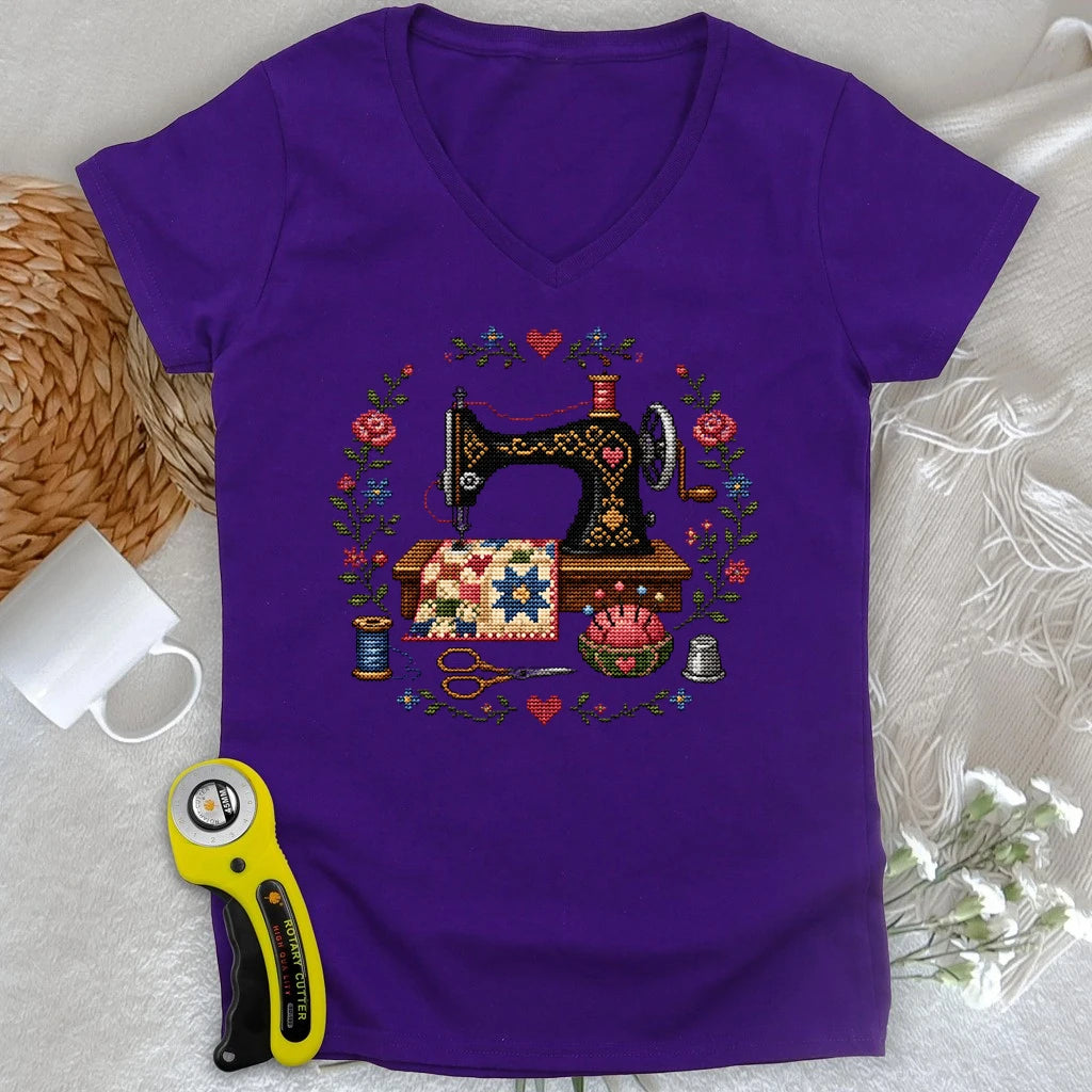 Cross-Stitched Sewing Machine Lady V-neck