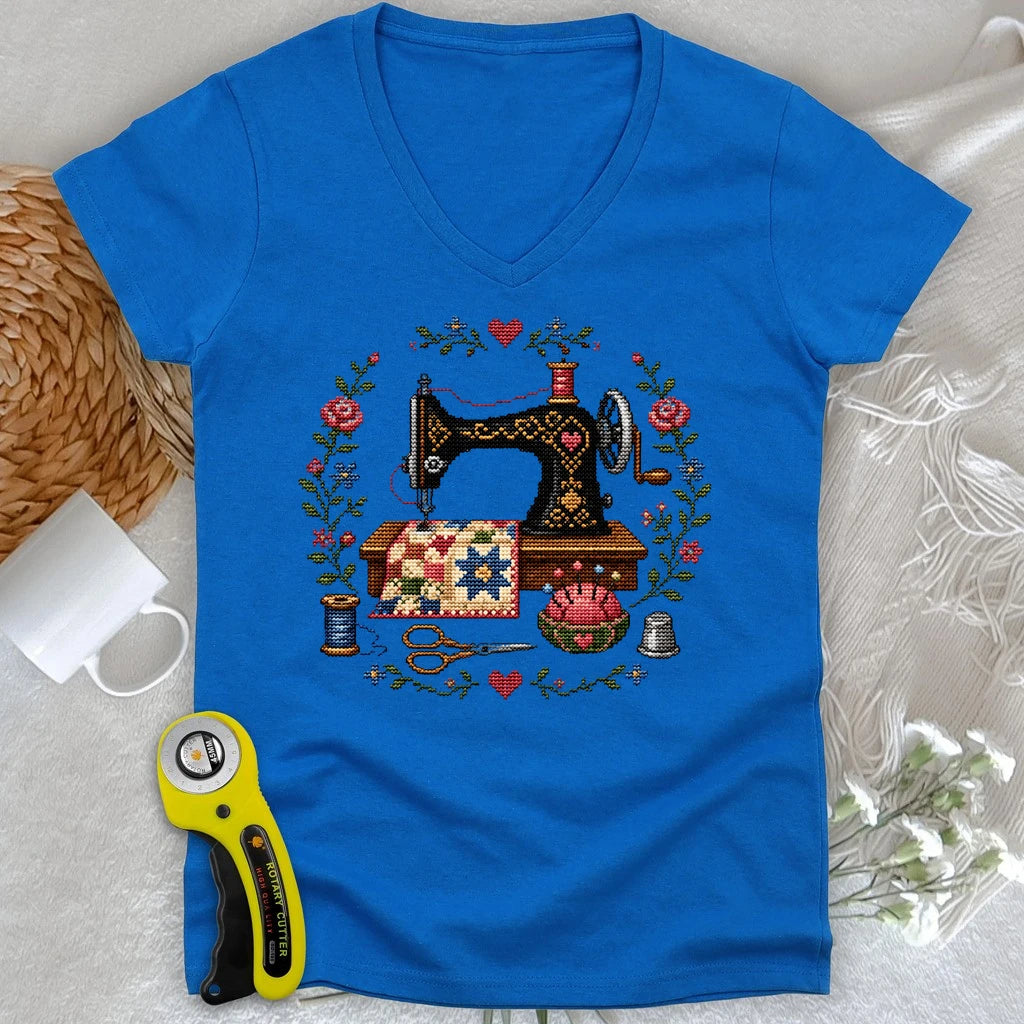 Cross-Stitched Sewing Machine Lady V-neck
