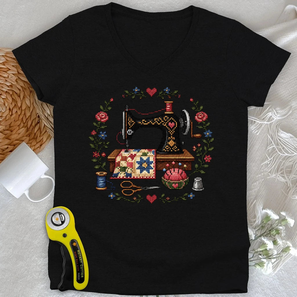Cross-Stitched Sewing Machine Lady V-neck