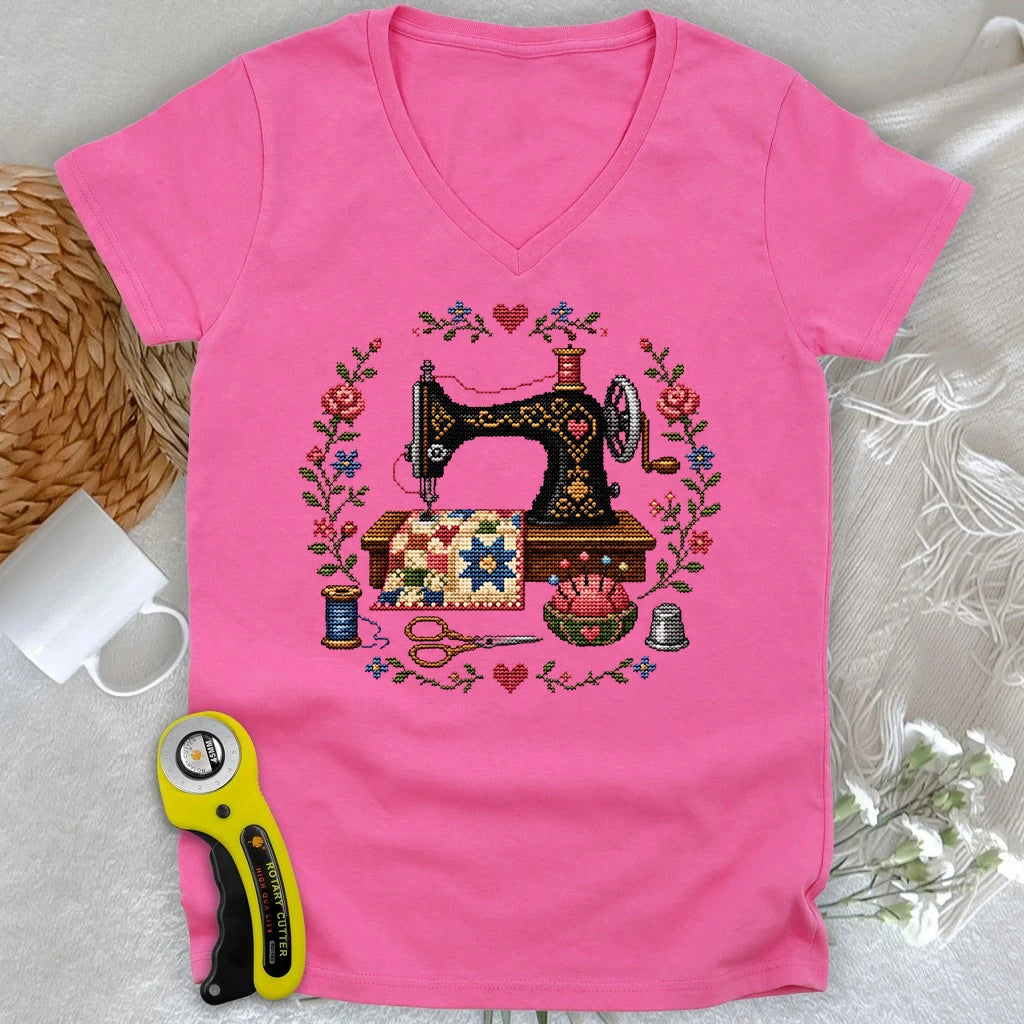 Cross-Stitched Sewing Machine Lady V-neck
