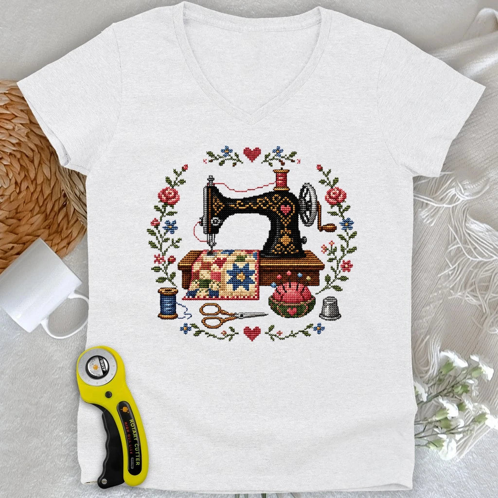 Cross-Stitched Sewing Machine Lady V-neck