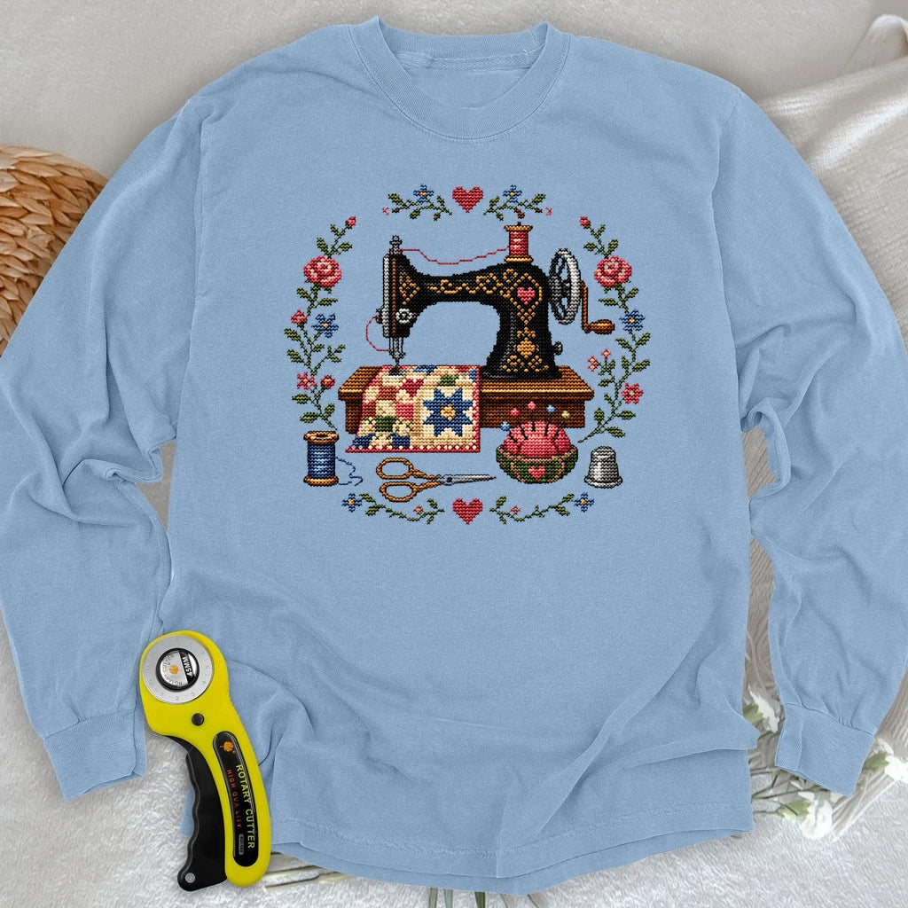 Cross-Stitched Sewing Machine Long Sleeve T-shirt