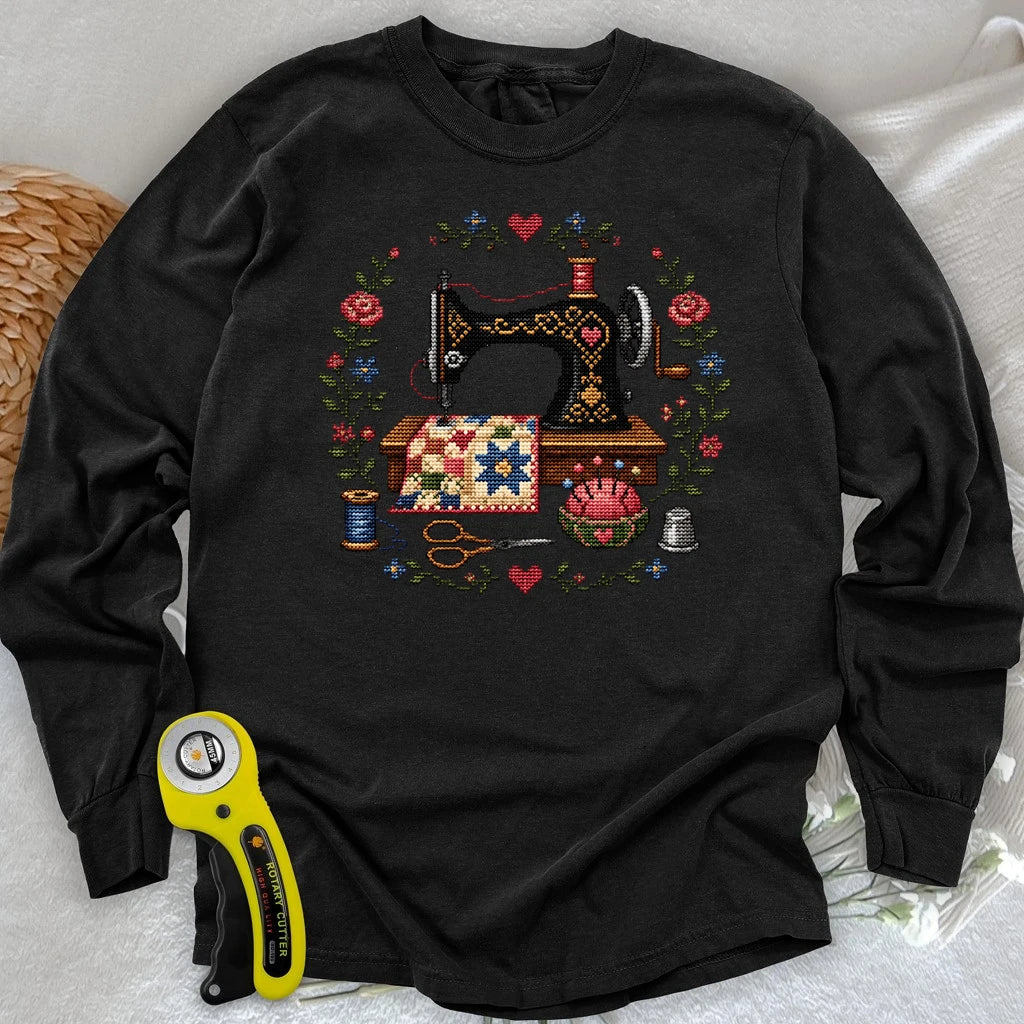 Cross-Stitched Sewing Machine Long Sleeve T-shirt