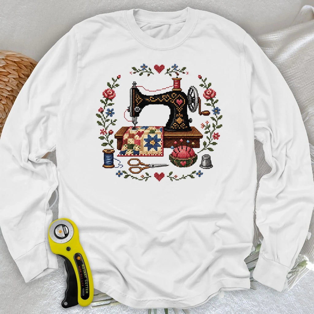 Cross-Stitched Sewing Machine Long Sleeve T-shirt