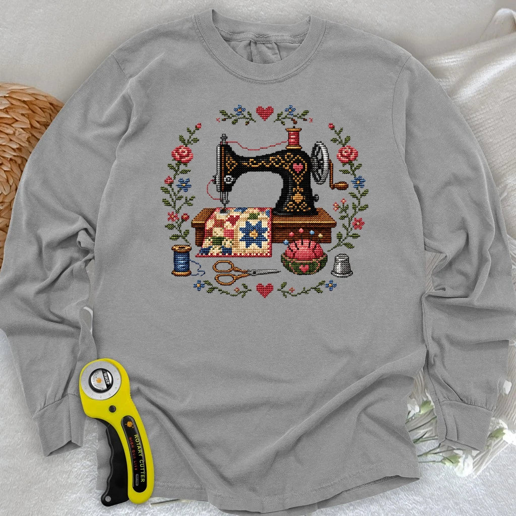 Cross-Stitched Sewing Machine Long Sleeve T-shirt