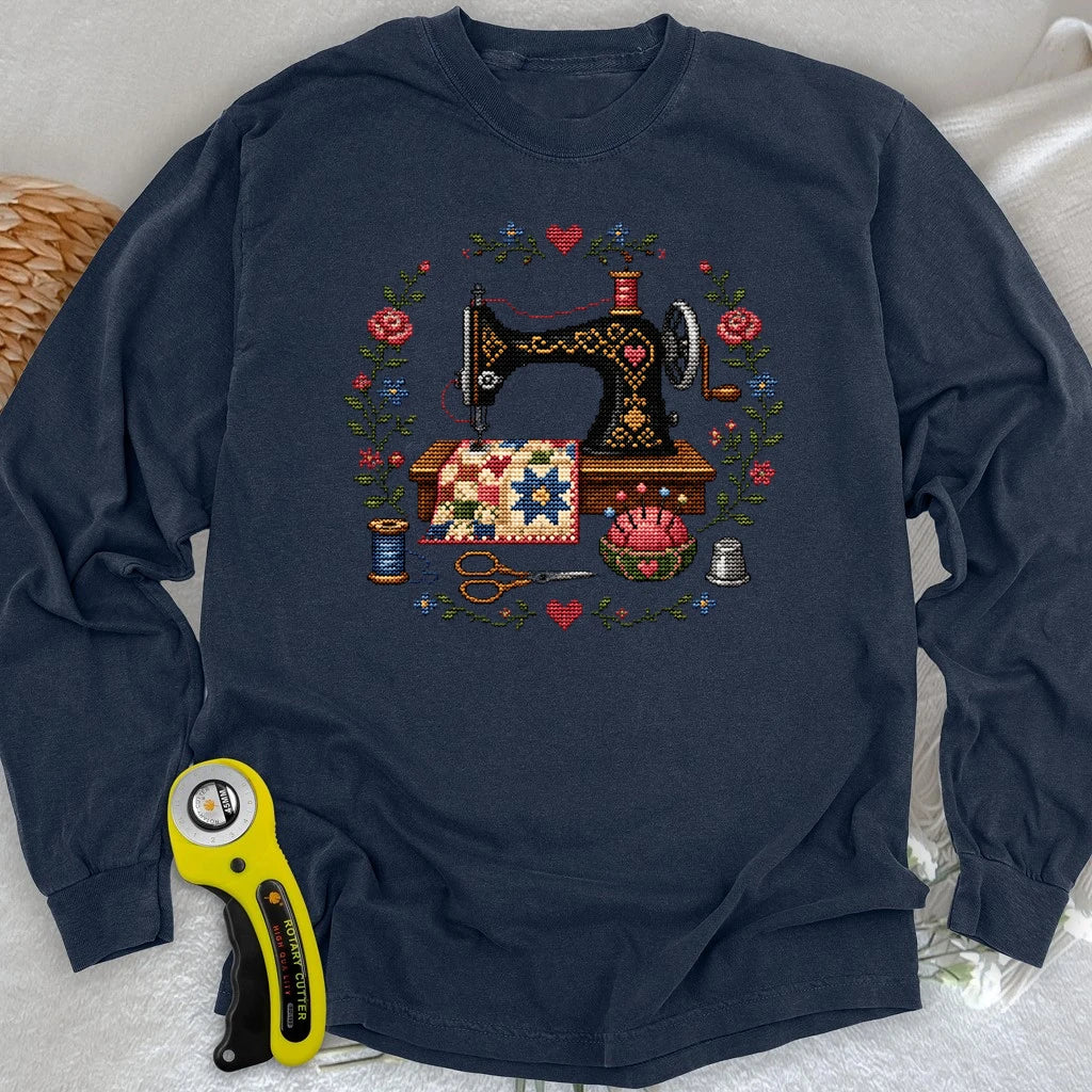 Cross-Stitched Sewing Machine Long Sleeve T-shirt