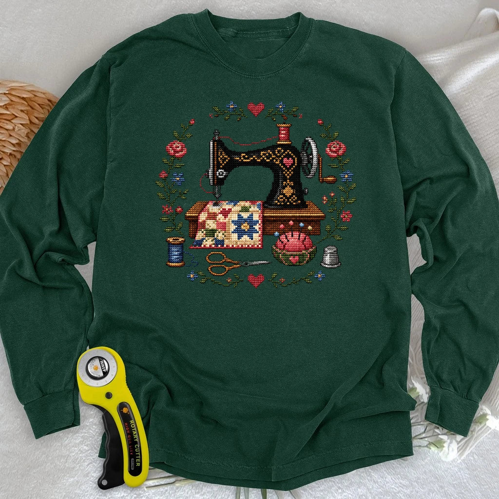Cross-Stitched Sewing Machine Long Sleeve T-shirt