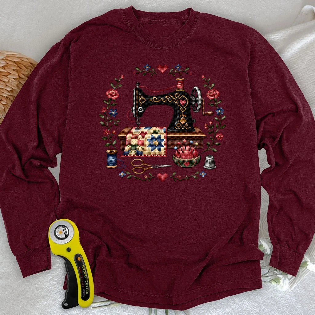 Cross-Stitched Sewing Machine Long Sleeve T-shirt