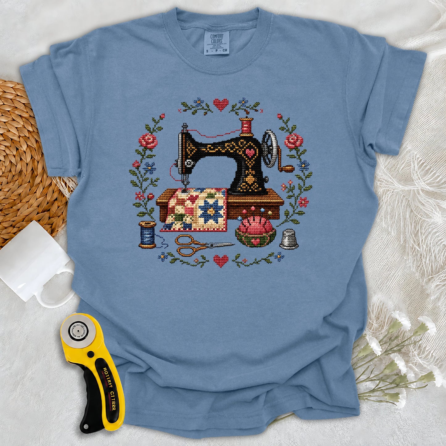 Comfort Colors Cross-Stitched Sewing Machine T-shirt