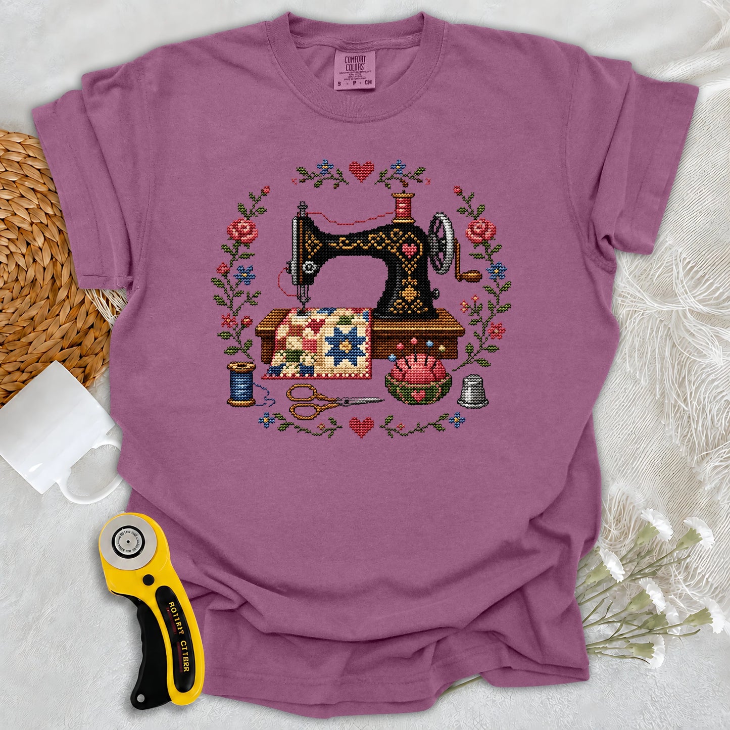 Comfort Colors Cross-Stitched Sewing Machine T-shirt