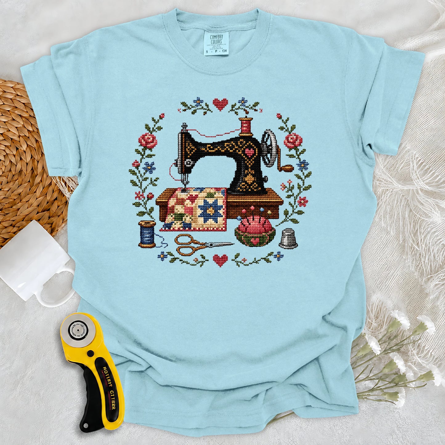 Comfort Colors Cross-Stitched Sewing Machine T-shirt