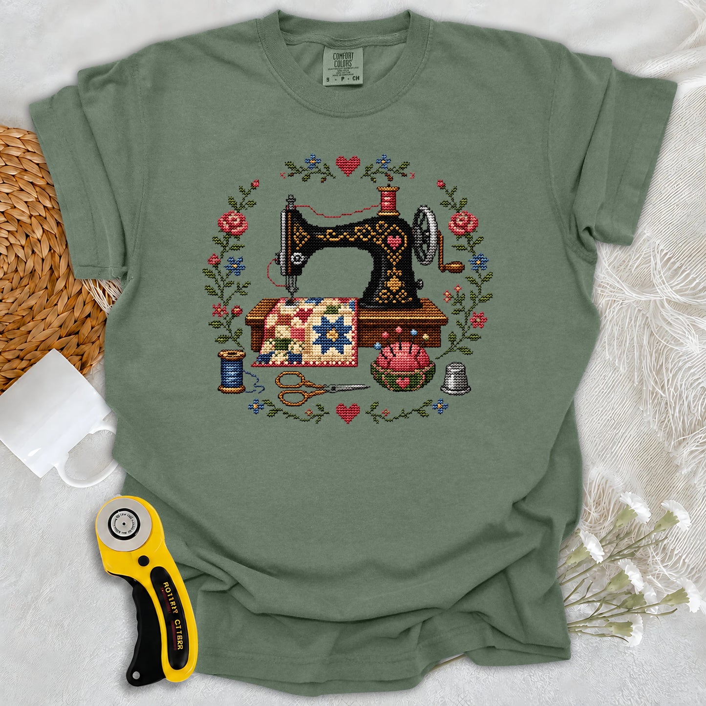 Comfort Colors Cross-Stitched Sewing Machine T-shirt