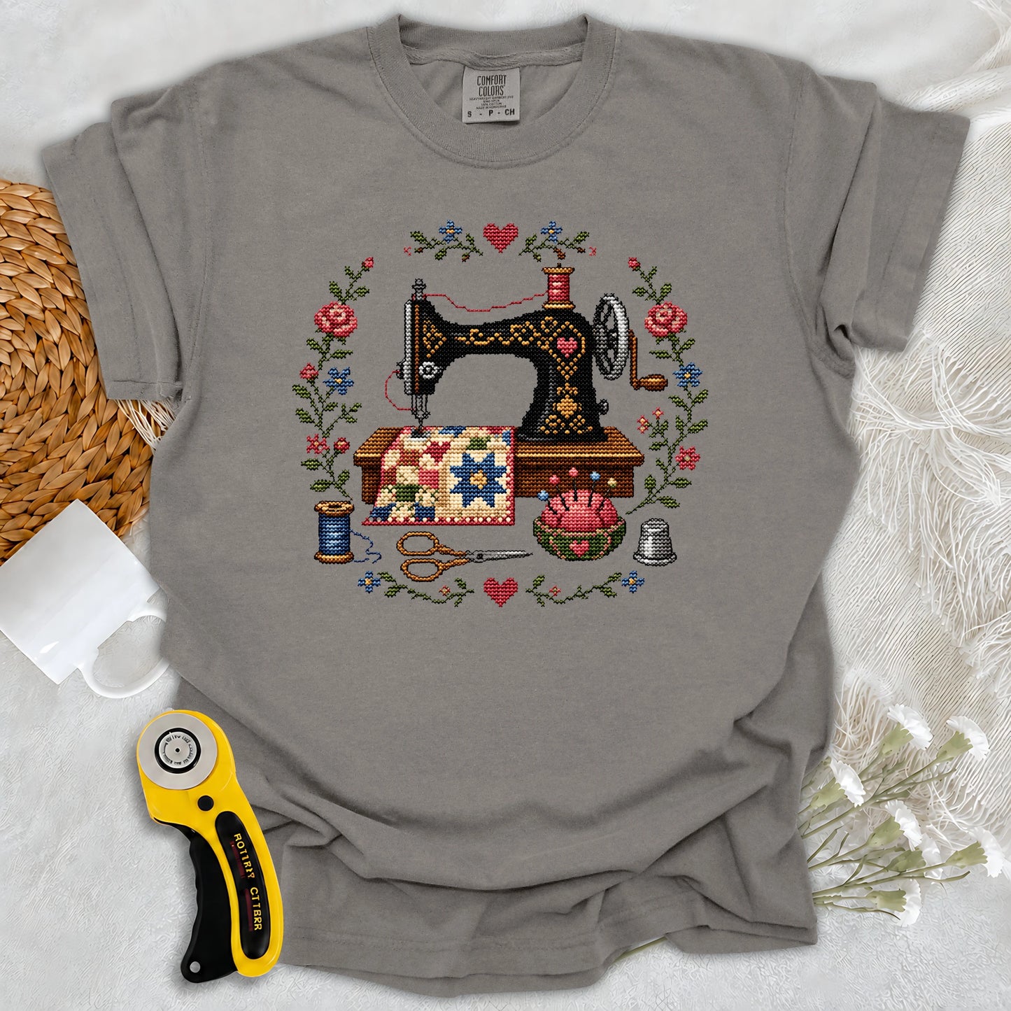Comfort Colors Cross-Stitched Sewing Machine T-shirt