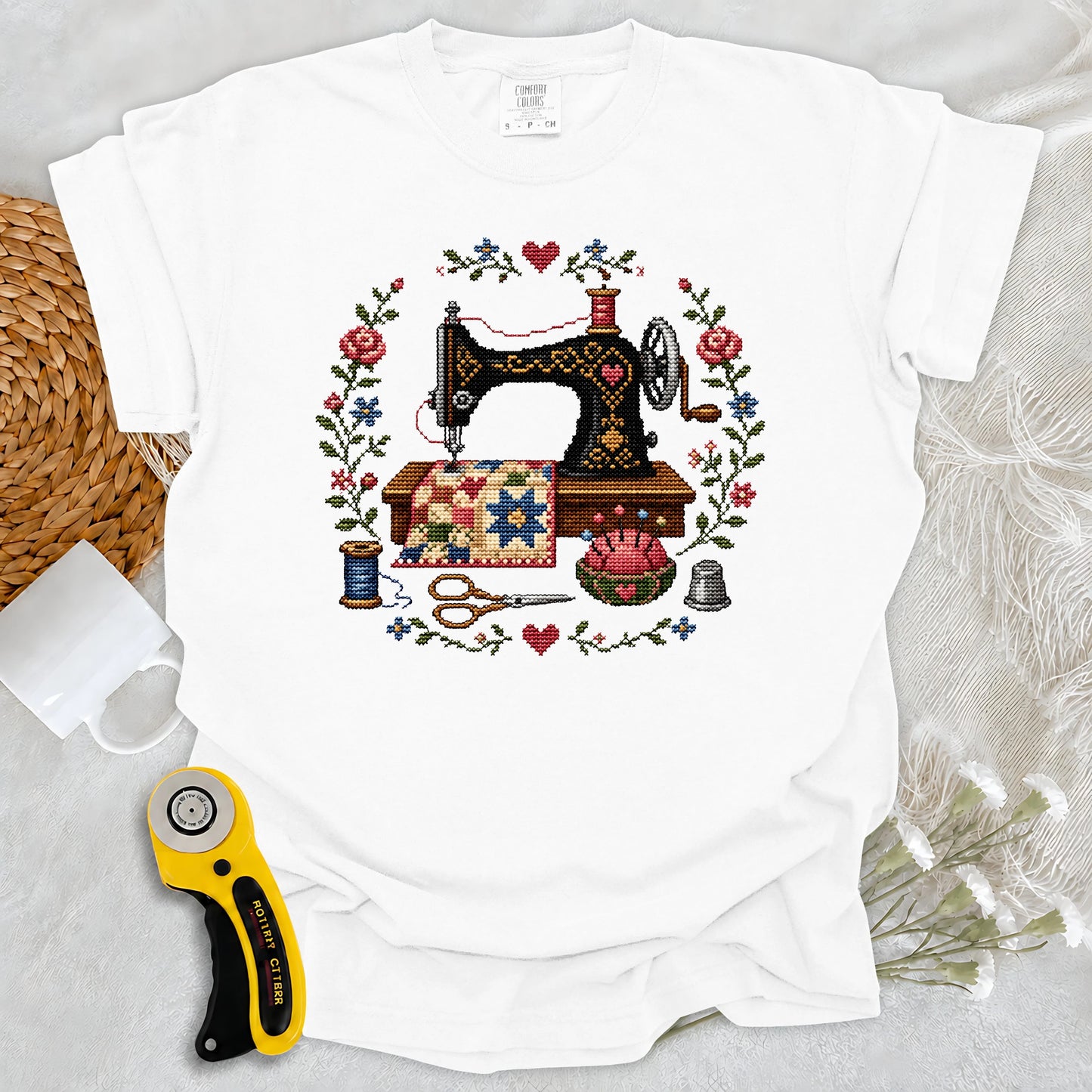 Comfort Colors Cross-Stitched Sewing Machine T-shirt