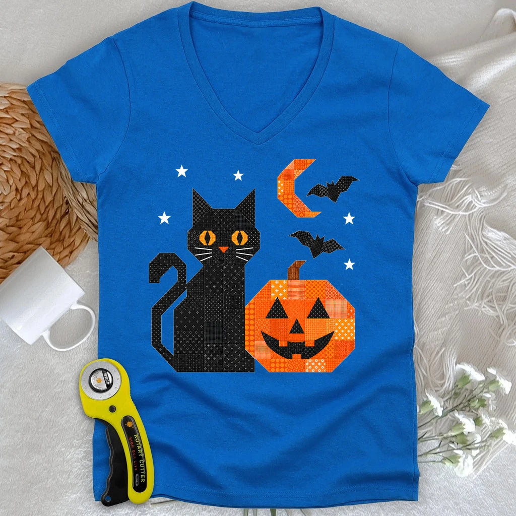 Patchwork Cat & Pumpkin Lady V-neck