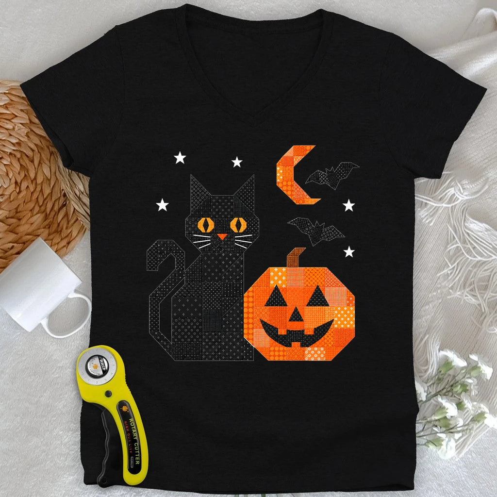 Patchwork Cat & Pumpkin Lady V-neck
