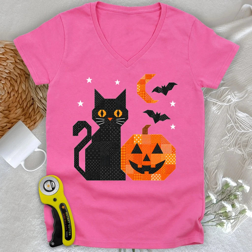 Patchwork Cat & Pumpkin Lady V-neck