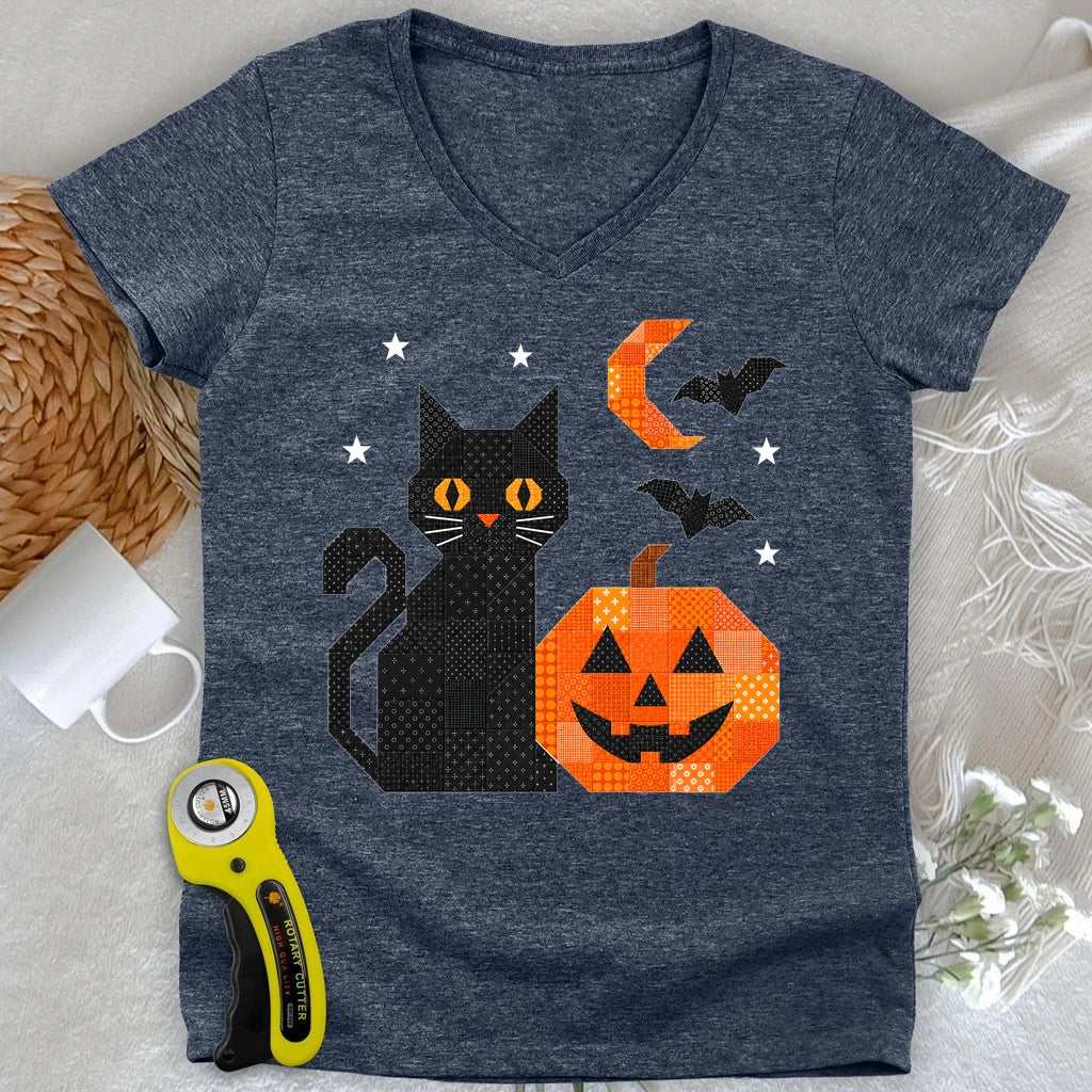 Patchwork Cat & Pumpkin Lady V-neck
