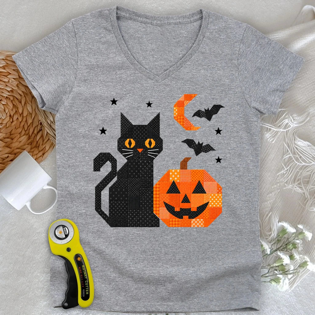 Patchwork Cat & Pumpkin Lady V-neck
