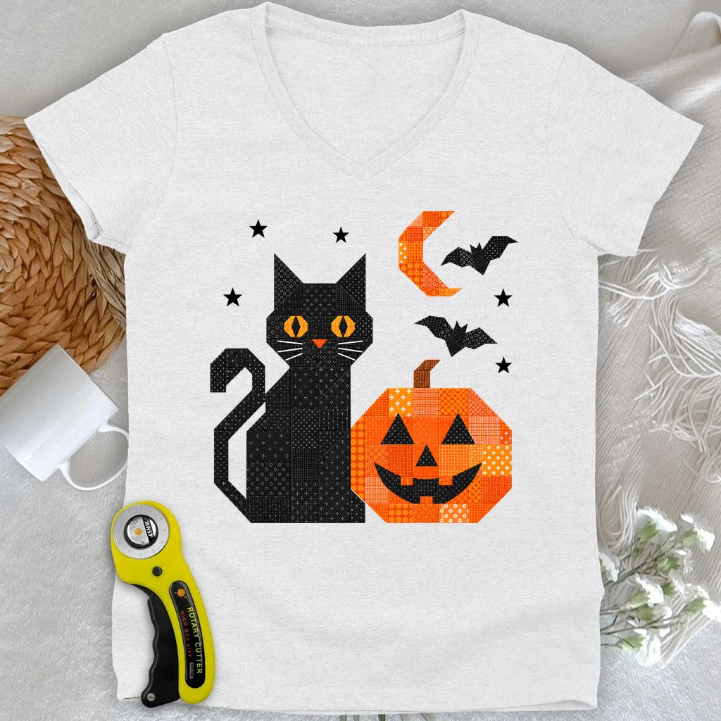 Patchwork Cat & Pumpkin Lady V-neck