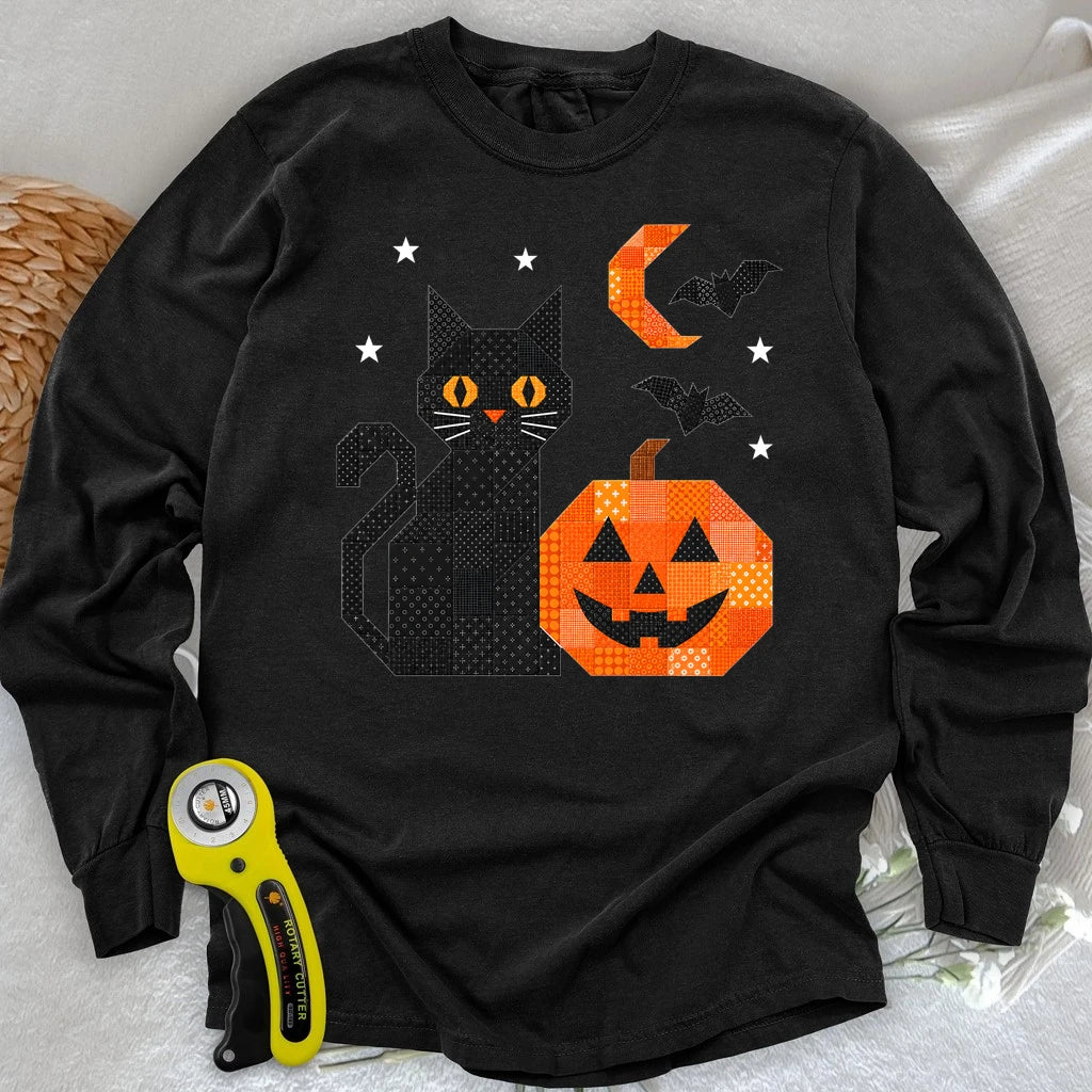 Patchwork Cat & Pumpkin Long Sleeve T-shirt