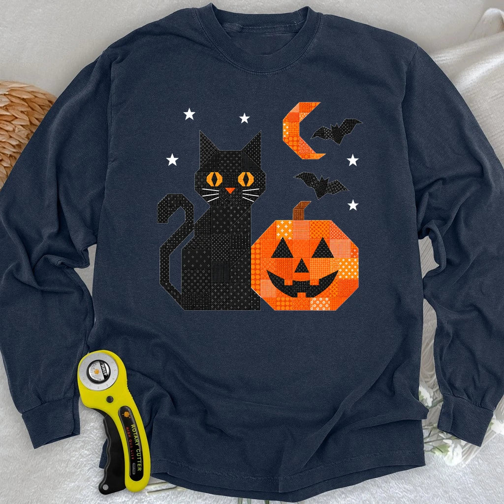 Patchwork Cat & Pumpkin Long Sleeve T-shirt