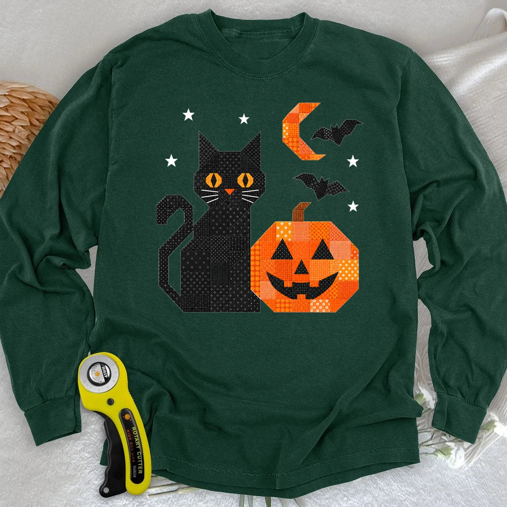Patchwork Cat & Pumpkin Long Sleeve T-shirt