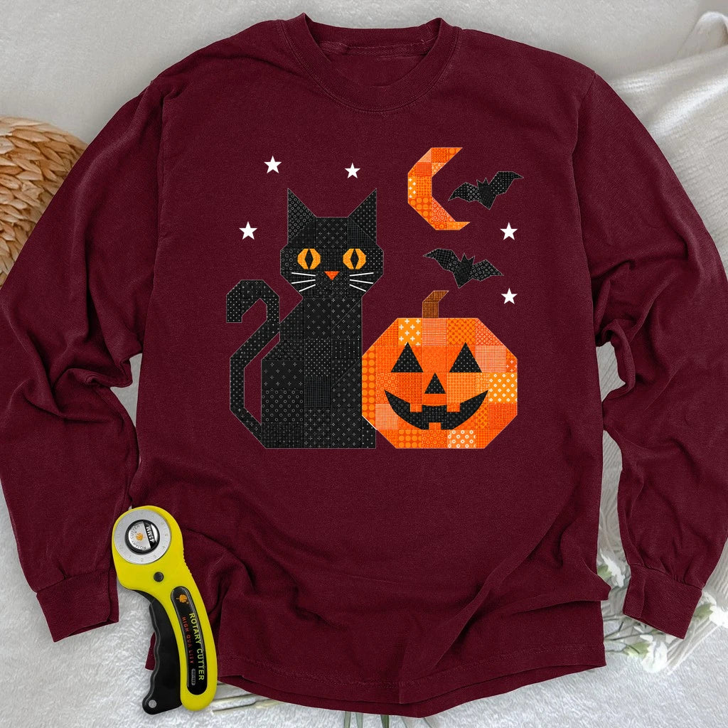 Patchwork Cat & Pumpkin Long Sleeve T-shirt
