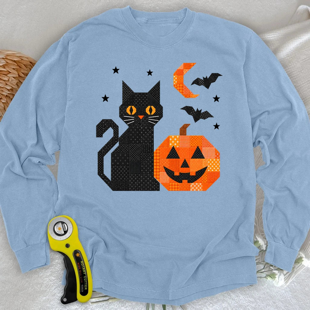 Patchwork Cat & Pumpkin Long Sleeve T-shirt
