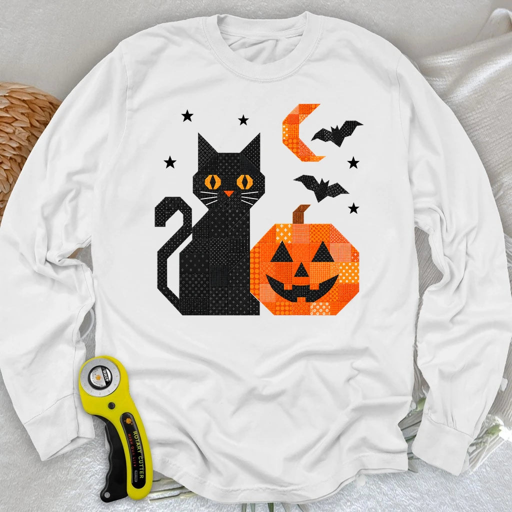Patchwork Cat & Pumpkin Long Sleeve T-shirt